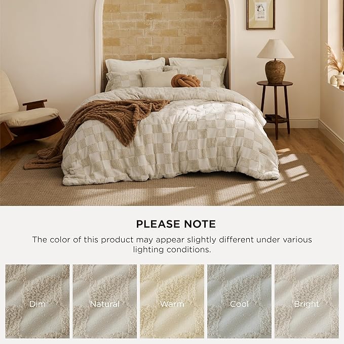 Bedsure Queen Size Comforter Set Beige, Boho Tufted Bed Set, Checkered Farmhouse Shabby Chic Bedding, 3 Pieces, 1 Plaid Geometric Comforter and 2 Pillow Shams