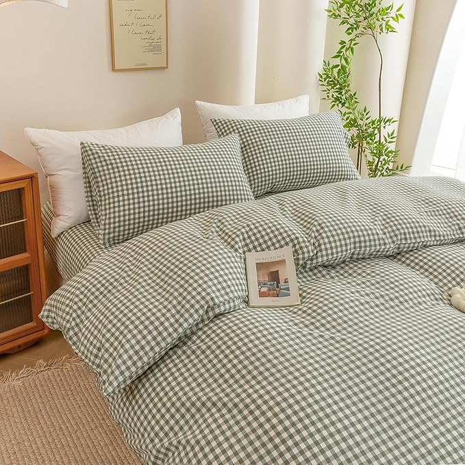 ECOCOTT Green Gingham Duvet Cover King Size 100% Washed Cotton Like Linen Feel Super Soft & Comfy Bedding Set Modern Checkered Design for All Seasons