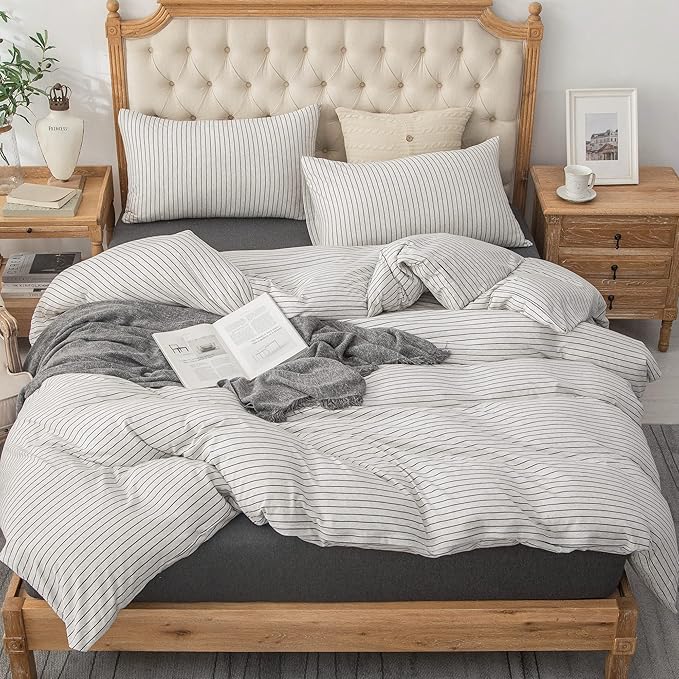 PURE ERA Jersey Knit Duvet Cover Set 100% T-Shirt Heather Cotton Super Soft Comfy Classic Striped Design, with Zipper Closure, Heather White & Black Pinstripe, Queen