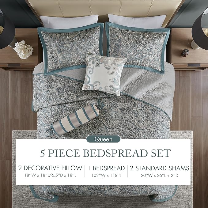 Madison Park Aubrey Reversible Quilted Bedspread Set, Solid Reverse Summer Breathable, Lightweight All Season Bedding Layer, Matching Shams, Bedspread Queen(102"x118") Teal 5 Piece