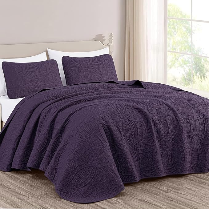 Chezmoi Collection Austin 3-Piece Oversized Bedspread Coverlet Set (Queen, Purple) (Pack of 6)