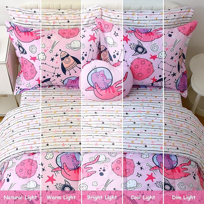 Mooreeke Kids Twin Comforter Sets for Girls 6 Pieces Cute Space Cat Bedding Set for Teens Microfiber Pink Kids Bed in A Bag with Comforter, Sheet Set, Shams and Decorative Toy Pillow All Season