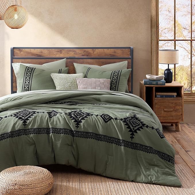 MaiRêve Embroidery Comforter Set, Boho Farmhouse Western Bedding Set, All Season Bed in A Bag Comforter Set with Sheets, Pillowcases & Shams, Olive Green Queen 7 Pieces