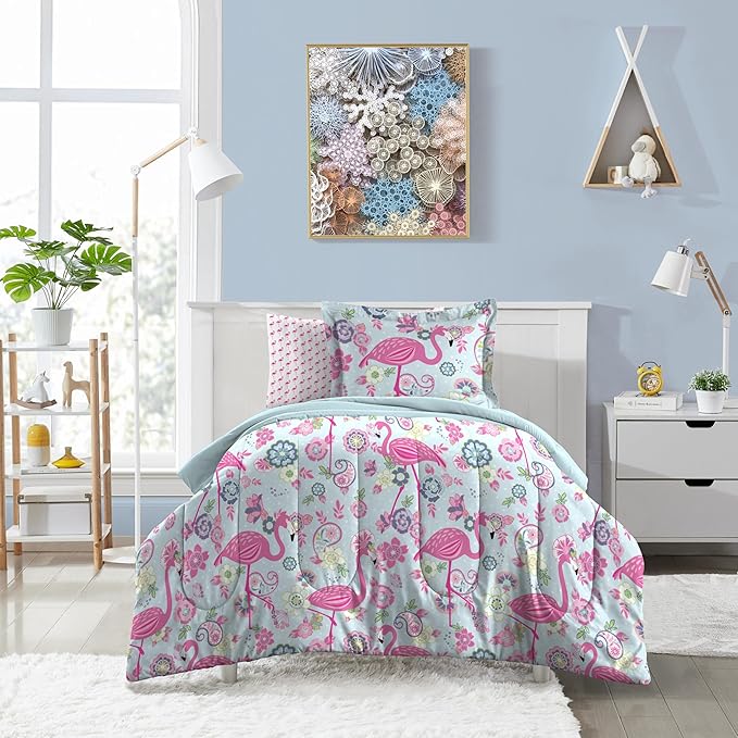 dream FACTORY Kids 7-Piece Complete Set Easy-Wash Super Soft Microfiber Comforter Bedding, Full, Pink Flamingo