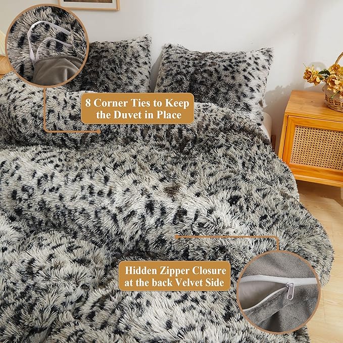 XeGe Leopard Print Fluffy Faux Fur Duvet Cover Set, 3 Pieces Soft Plush Shaggy Fuzzy Bedding Set(1 Faux Fur Cheetah Print Comforter Cover + 2 Furry Pillow Cases), Zipper Closure(King, Grey)