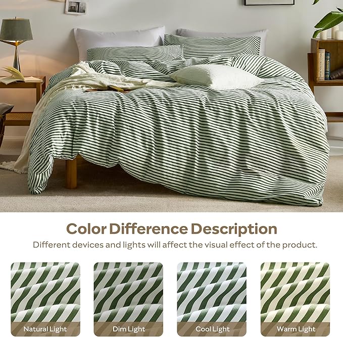 JELLYMONI 100% Natural Cotton 3pcs Striped Duvet Cover Sets,White with Green Stripes Pattern Printed Comforter Cover,with Zipper Closure & Corner Ties(Queen Size)