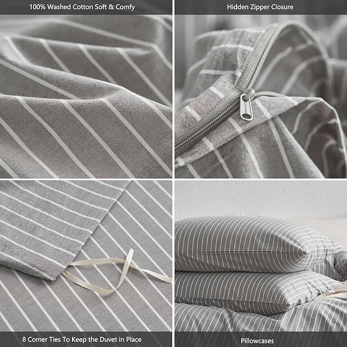 MooMee Striped Duvet Cover Set 100% Washed Cotton Linen Like Textured Breathable Durable Soft Comfy (Light Grey White Wide Stripes, Queen 90"x90")