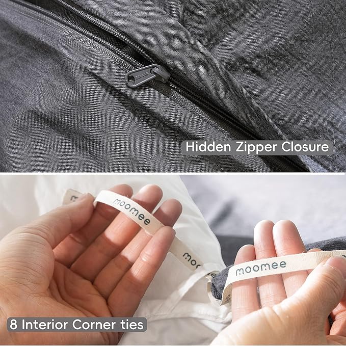 MooMee Bedding Duvet Cover Set 100% Washed Cotton Linen Like Textured Breathable Durable Soft Comfy (Heathered Dark Grey, Oversized Queen 98"x98")