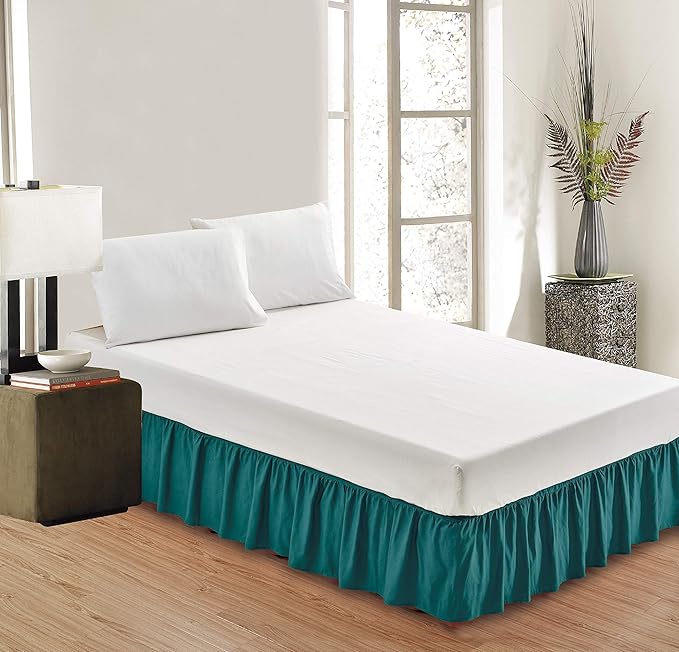 Bed Skirt - Wrap Around Bed Skirts Elastic Dust Ruffles, Easy Fit Wrinkle and Fade Resistant Luxurious Fabric Solid Color, Teal Olympic Queen Size Beds 15 Inch Drop