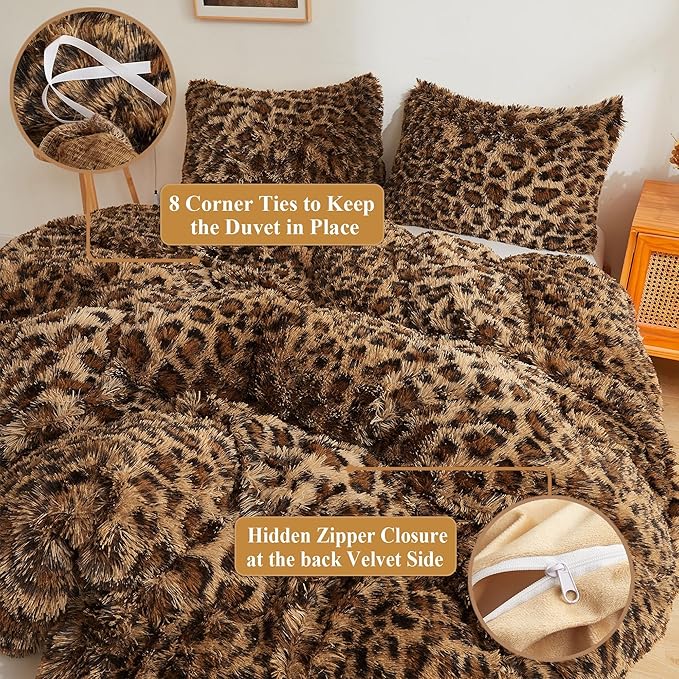 XeGe Cheetah Print Fluffy Faux Fur Duvet Cover Set, 2 Pieces Soft Plush Shaggy Farmhouse Fuzzy Bedding Set(1 Faux Fur Leopard Print Comforter Cover + 1 Furry Pillowcase), Zipper Closure(Twin, Brown)
