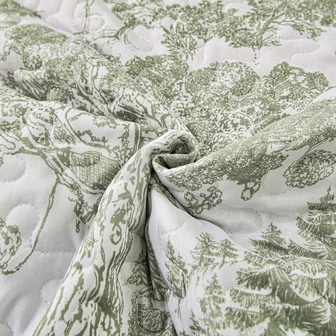 WONGS BEDDING Botanical Quilt Set King, Sage Green 3 Pieces Toile Floral Plants Printed Bedspread Bedding Set Soft Lightweight Microfiber Coverlet Set for All Season (104"x90")