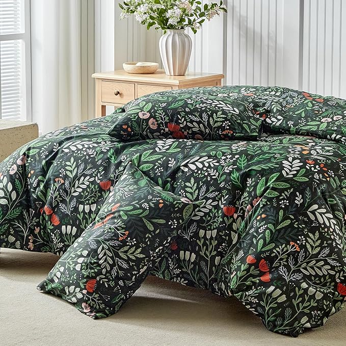 Lekesky King Size Reversible Duvet Cover, Duvet Cover King Size 3 Piece Romantic Garden Microfiber Botanical Bedding Set with Zipper Closure Corner Ties