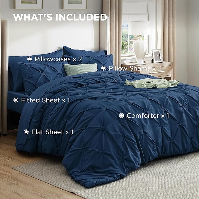 Bedsure California King Comforter Set Navy - Bed in a Bag Cal King Bedding Set 7 Pieces, GentleSoft™ Pintuck Bed Set Gift for Family, Pinch Pleat Navy Comforter with Sheets, Pillowcases & Shams