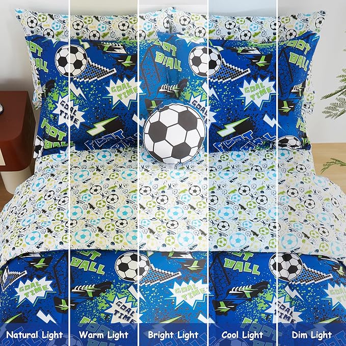 Mooreeke Kids Full Comforter Sets for Boys 8 Pieces Cool Football Bedding Set for Teens Microfiber Blue Green Soccer Kids Bed in A Bag with Comforter, Sheet Set, Shams and Decorative Toy Pillow