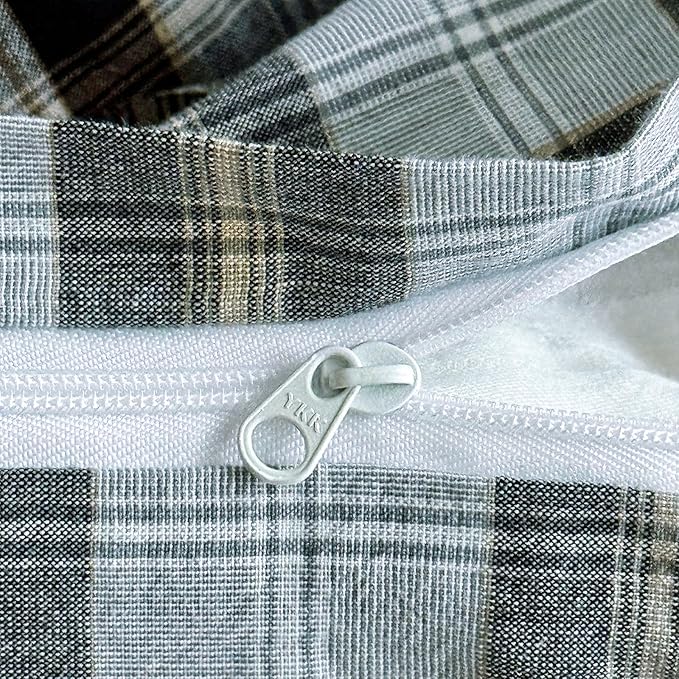 LifeTB Grey White Buffalo Plaid Duvet Cover Set Queen 100% Washed Cotton Vintage Plaid Grid Bedding Set 3 Piece Checkered Comforter Cover Soft Breathable Gingham Duvet Cover with Zipper Ties