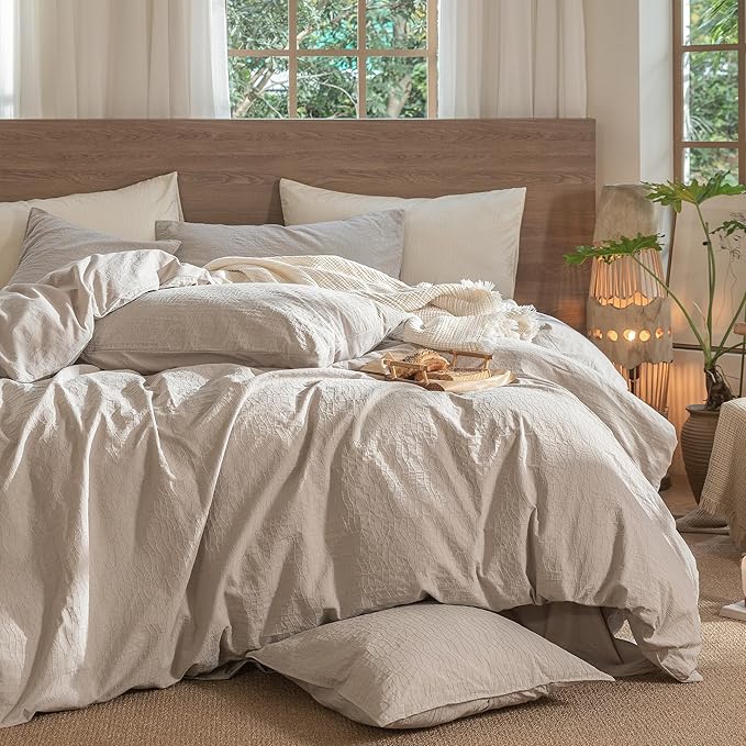 MooMee Wavy Striped Duvet Cover Set 100% Washed Cotton Linen Like Textured Breathable Durable Soft Comfy (Beige, King 104"x90")