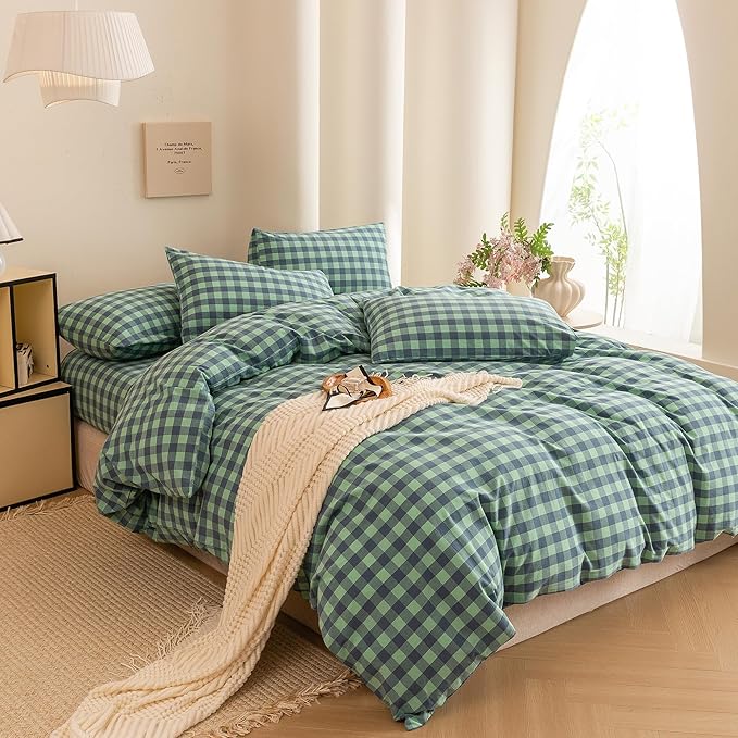 ECOCOTT Grid Plaid Duvet Cover King Size -100% Washed Cotton Linen Like Textured Breathable Durable Soft Comfy Bedding Set Mini Green Blue Plaid