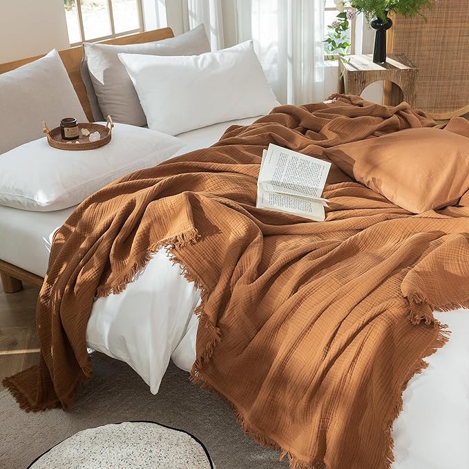 MooMee Muslin Blanket - 100% Cotton 4-Layer Gauze Throw Blanket with All-Around Fringe, Ultra-Soft Breathable Lightweight Cooling Decorative for Bed, Sofa & Couch (Drak Orange,Twin XL 66" x 90")