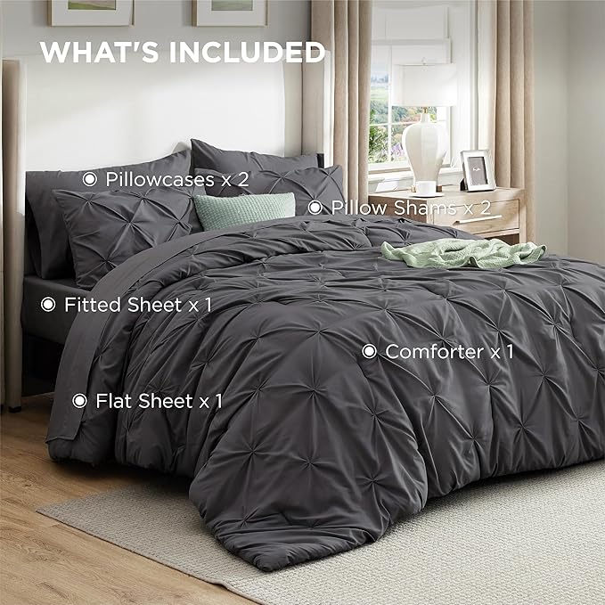 Bedsure Queen Comforter Set Dark Grey - Bed in a Bag Queen Size Bedding 7 Pieces, GentleSoft™ Pintuck Bed Set Gift for Family, Pinch Pleat All Season Comforter with Sheets, Pillowcases & Shams