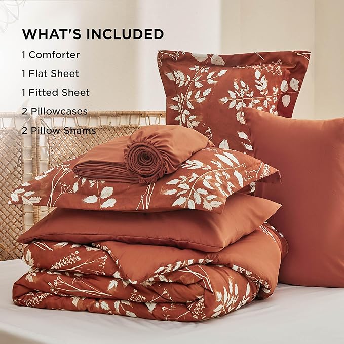 Bedsure Queen Comforter Set - 7 Pieces Floral Terracotta Soft Bedding Sets, Queen Bed in a Bag with Botanical Flowers Comforter, Sheets, Pillowcases & Shams
