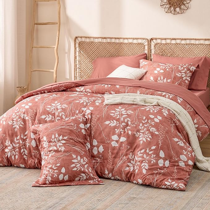 Bedsure Dusty Pink Twin Comforter Set - 5 Pieces Floral Bedding Sets, Twin Bed in a Bag with Reversible Botanical Flowers Comforter, Sheets, Pillowcase & Sham