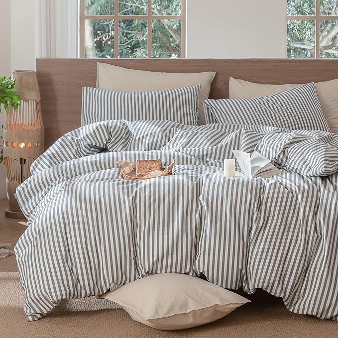 MooMee Striped Duvet Cover Set 100% Washed Cotton Linen Like Textured Breathable Durable Soft Comfy (Dark Grey White Classic Stripes, Oversized Queen 98"x98")