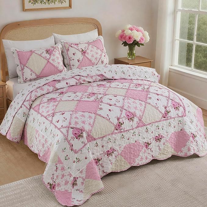 Oversized King Size Pink Floral Plaid Patchwork Quilt Set 128x120 Extra Wide Super King Size Reversible Quilted Bedspread Coverlet Set 3-Piece Comforter Bedding Set Bed Cover with 2 Pillow Shams