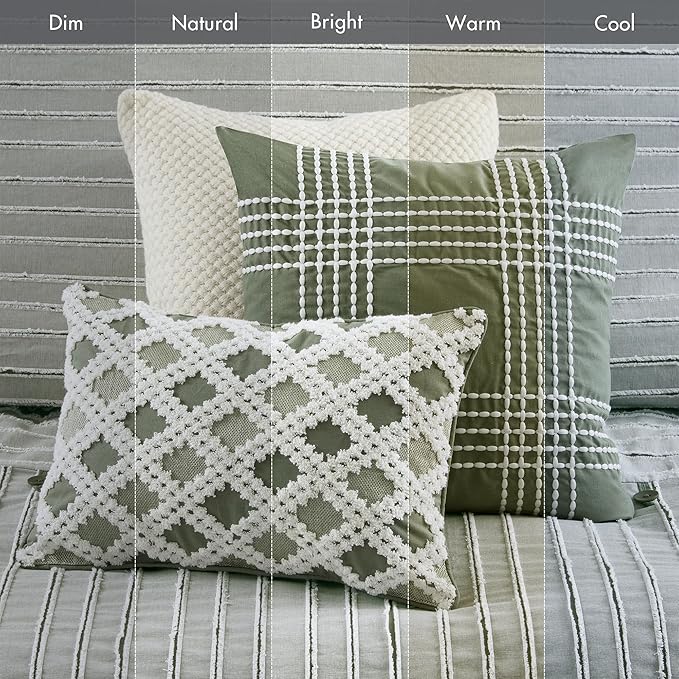 Madison Park Comforter Set Cotton Clipped Jacquard, Oversized Comforters, All Season Down Alternative Overfilled King Size Comforter, Essence, Green 9 Piece
