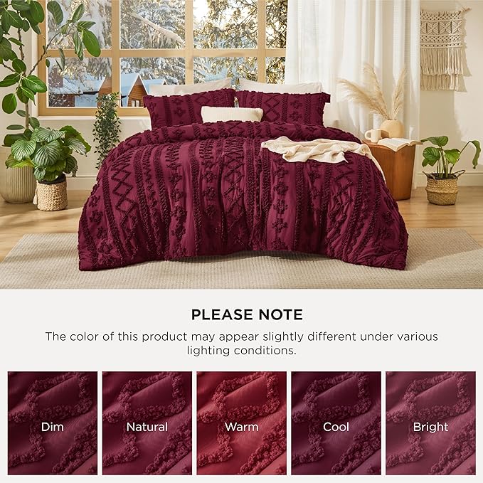 Bedsure Tufted Boho Comforter Set Twin Size - Burgundy Boho Bed Set, GentleSoft™ 2 Pieces Farmhouse Shabby Chic Embroidery Bedding, Gifts for Woman, Soft Jacquard Twin Comforter for All Seasons