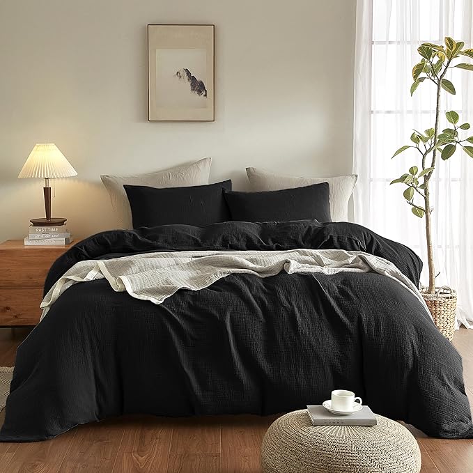 SE SOFTEXLY Muslin Duvet Cover King Size, 100% Washed Cotton Duvet Cover Set, Ultra Soft Comforter Cover Linen Like, 3 Pieces Minimalist Gauze Duvet Cover with 2 Pillowcases, 90"x104", Black