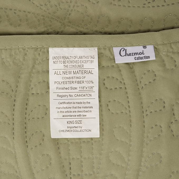 Chezmoi Collection Austin 3-Piece Oversized Bedspread Coverlet Set (King, Sage) (Pack of 6)