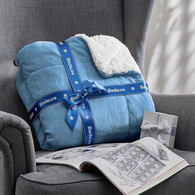 Bedsure GentleSoft Sherpa Fleece Blanket Queen Size for Bed, Non-Heated, Thick and Warm Throw for Women and Men, Soft Fuzzy Plush Queen Blanket for Winter, Washed Blue, 90x90 Inches