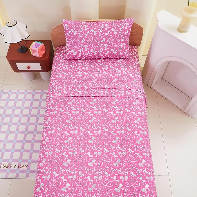 Kids Sheet Set Twin Size, Twin Sheet Set with Pink Bow Pattern,Breathable Silky Soft Microfiber Kids Fitted Sheet