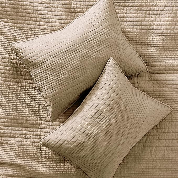 palassio Striped Dark Beige 100% Cotton Quilt Queen Size Bedding Sets, Lightweight Crinkly Channel Pick Stitch Textured Bedspread Soft Shabby Chic Farmhouse Country Coverlet for All Season, 2 Shams