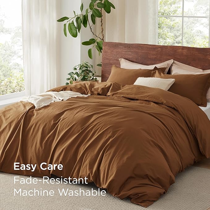 Bedsure 100% Washed Cotton Duvet Cover Queen Size - Hazelnut Brown Minimalist Cotton Duvet Cover Linen Like Breathable - GentleSoft™ Plain Simple Bedding (Hazelnut Brown, Queen, 90"x90")