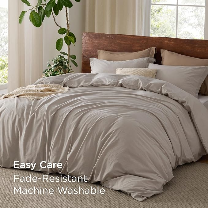 Bedsure 100% Washed Cotton Duvet Cover Twin - Natural Minimalist Cotton Duvet Cover Linen Like for All Seasons - GentleSoft™ Plain Simple Bedding (Natural, Twin, 68"x90")