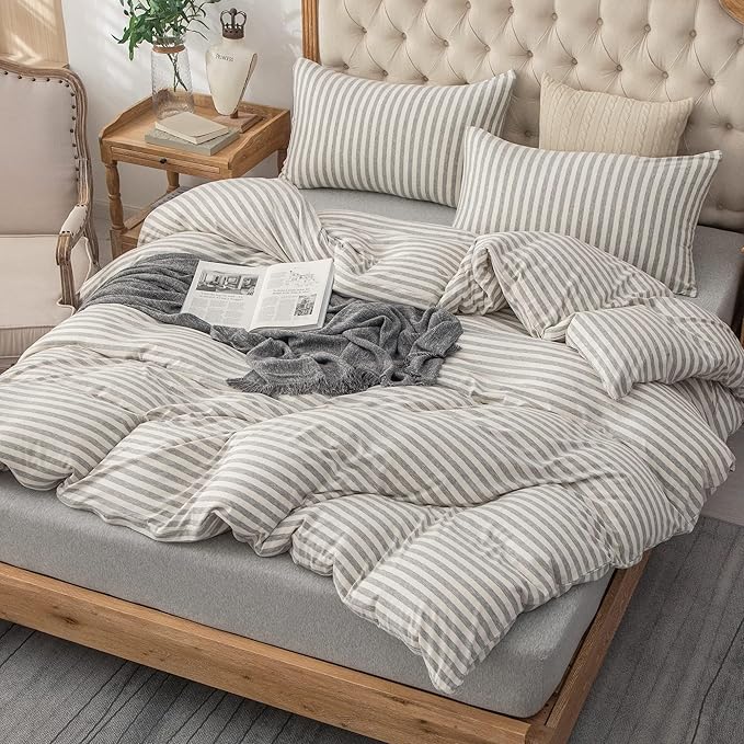 PURE ERA Jersey Knit Duvet Cover Set 100% T-Shirt Heather Cotton Super Soft Comfy Classic Striped with Zipper Closure, Grey & White Stripe, California King