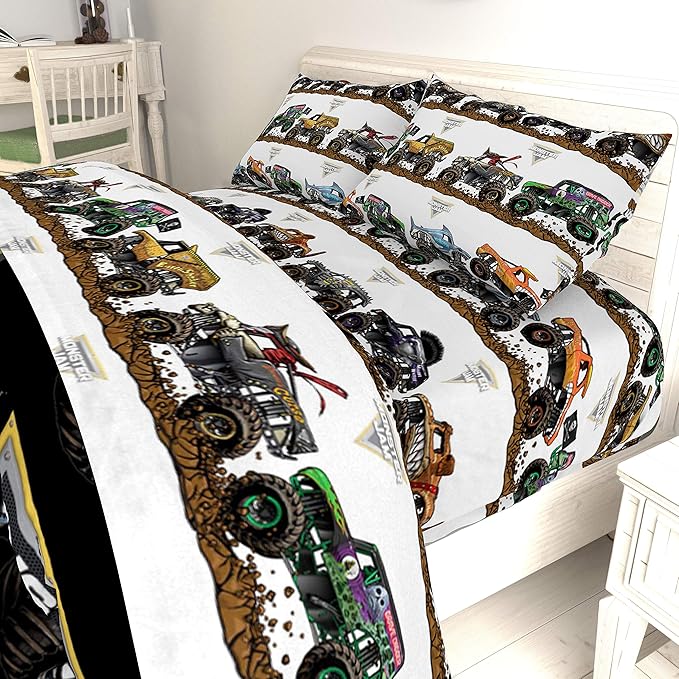 Jay Franco Kids Sheet Set with Fitted, Flat Sheets & Pillow Cover - Ultra-Soft Bedding with Pillowcase for Room Decor, Multi - Monster Jam, 4 Piece Queen