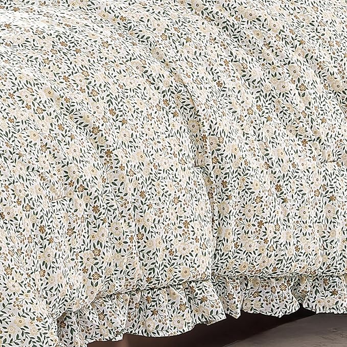Full Comforter Set - 7 Pieces Ruffle Beige Ditzy Bedding Sets, Shabby Chic Farmhouse Bed in a Bag Full with Floral Comforter, Sheets, Pillowcases & Shams