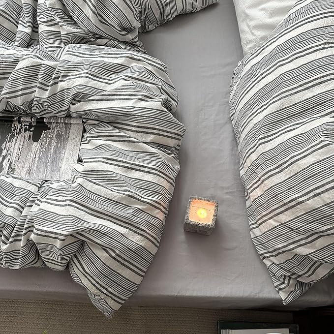 mixinni Vintage Gray & White Striped Duvet Cover Set - 3 Piece 100% Washed Cotton Queen Size Bedding | Minimalist Gender-Neutral Design | Ultra-Soft Breathable, with Zipper Closure & Corner Ties