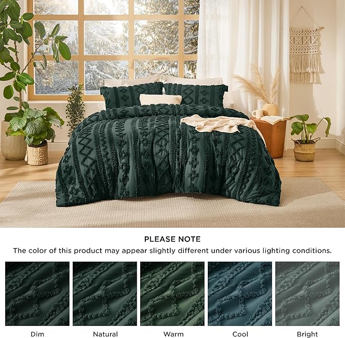 Bedsure Tufted Boho Comforter Set Twin Size - Dark Green Boho Bed Set, GentleSoft™ 2 Pieces Farmhouse Shabby Chic Embroidery Bedding, Gifts for Woman, Soft Jacquard Twin Comforter for All Seasons