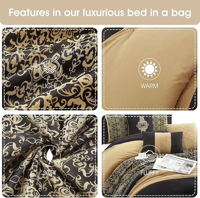Grand Avenue Black Gold Comforter Set King Size, 7 Piece, Damask Jacquard Home Decor, Matcking Bed Skirt, Pillows & Shams, All Season Bedding Set