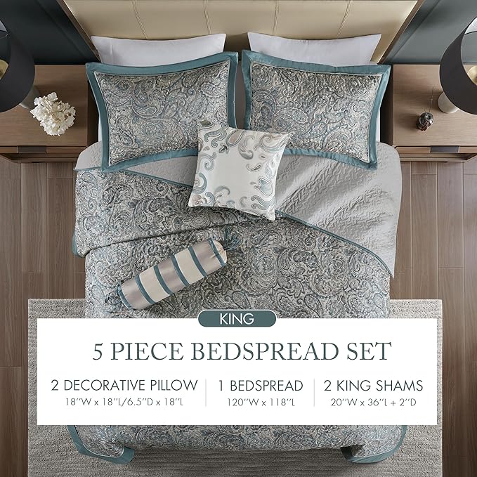 Madison Park Aubrey Reversible Quilted Bedspread Set, Solid Reverse Summer Breathable, Lightweight All Season Bedding Layer, Matching Shams, Bedspread King(120"x118") Teal 5 Piece