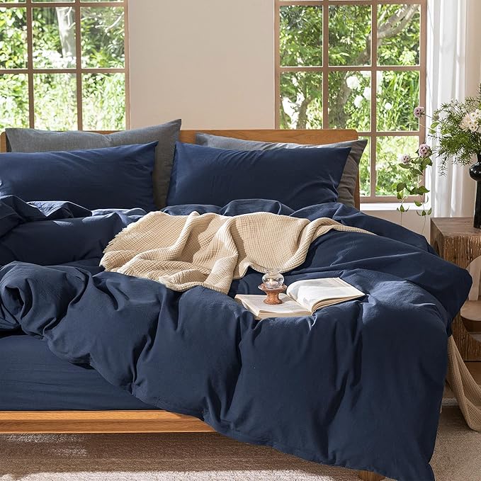 MooMee Bedding Duvet Cover Set 100% Washed Cotton Linen Like Textured Breathable Durable Soft Comfy (Solid Navy, King 104"x90")