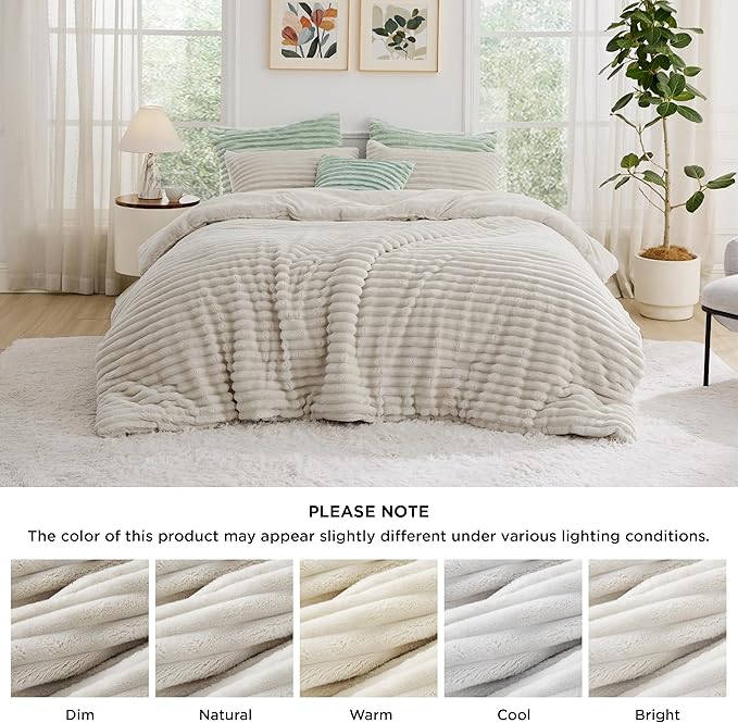 Bedsure King Size Comforter Set - GentleSoft™ 3 Pieces Fluffy Double-Side Fleece Comforter Set, Cozy Striped Room Decor Aesthetic, Luxury Linen King Bedding with 2 Pillowcases, 104x90 Inches