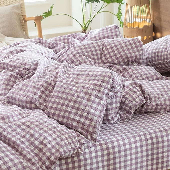 MooMee Gingham Duvet Cover Set 100% Washed Cotton Linen Like Textured Breathable Durable Soft Comfy Modern Checkered Design (Classic Gingham Light Purple, King 104"x90")