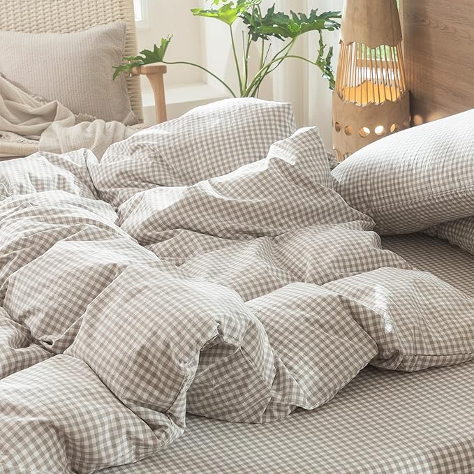 MooMee Gingham Duvet Cover Set 100% Washed Cotton Linen Like Textured Breathable Durable Soft Comfy Modern Checkered Design (Mini Gingham Tannish Linen Grey, Oversized Full 82"x86")