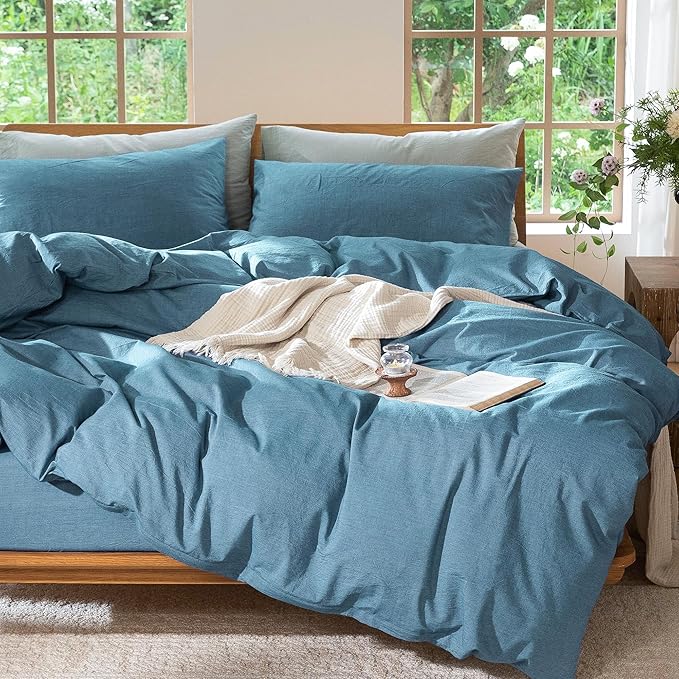 MooMee Bedding Duvet Cover Set 100% Washed Cotton Linen Like Textured Breathable Durable Soft Comfy (Heathered Peacock Blue, Queen 90"x90")