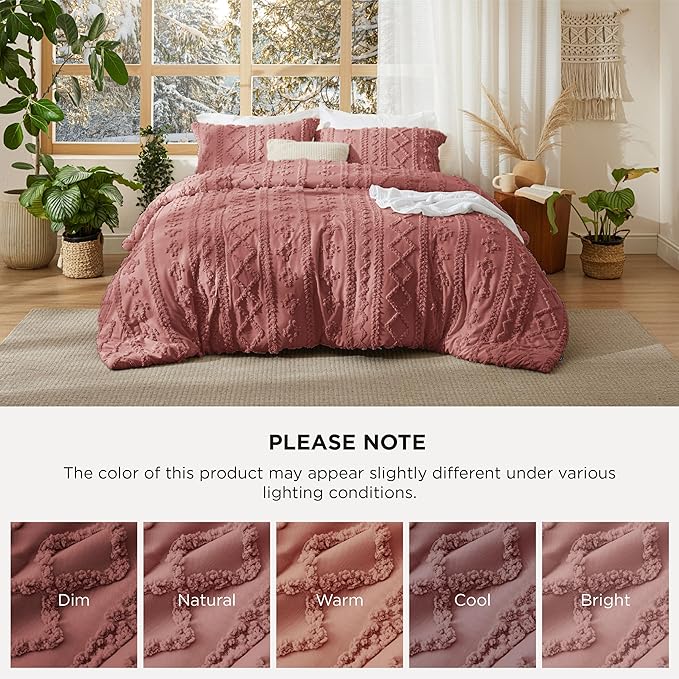 Bedsure Tufted Boho Comforter Set King Size - Grayish Pink Boho Bed Set, GentleSoft™ 3 Pieces Farmhouse Shabby Chic Embroidery Bedding, Gifts for Woman, Soft Jacquard King Comforter for All Seasons