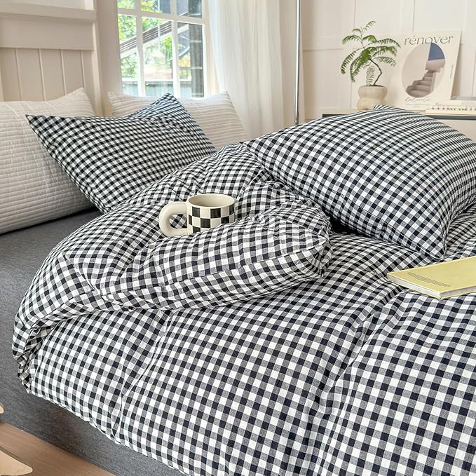 LifeTB Black White Gingham Duvet Cover Twin 100% Washed Cotton Breathable Plaid Duvet Cover with 2 Pillowcases Modern 3 Piece Grid Bedding Set Vintage Plaid Checkered Comforter Cover with Zipper Ties